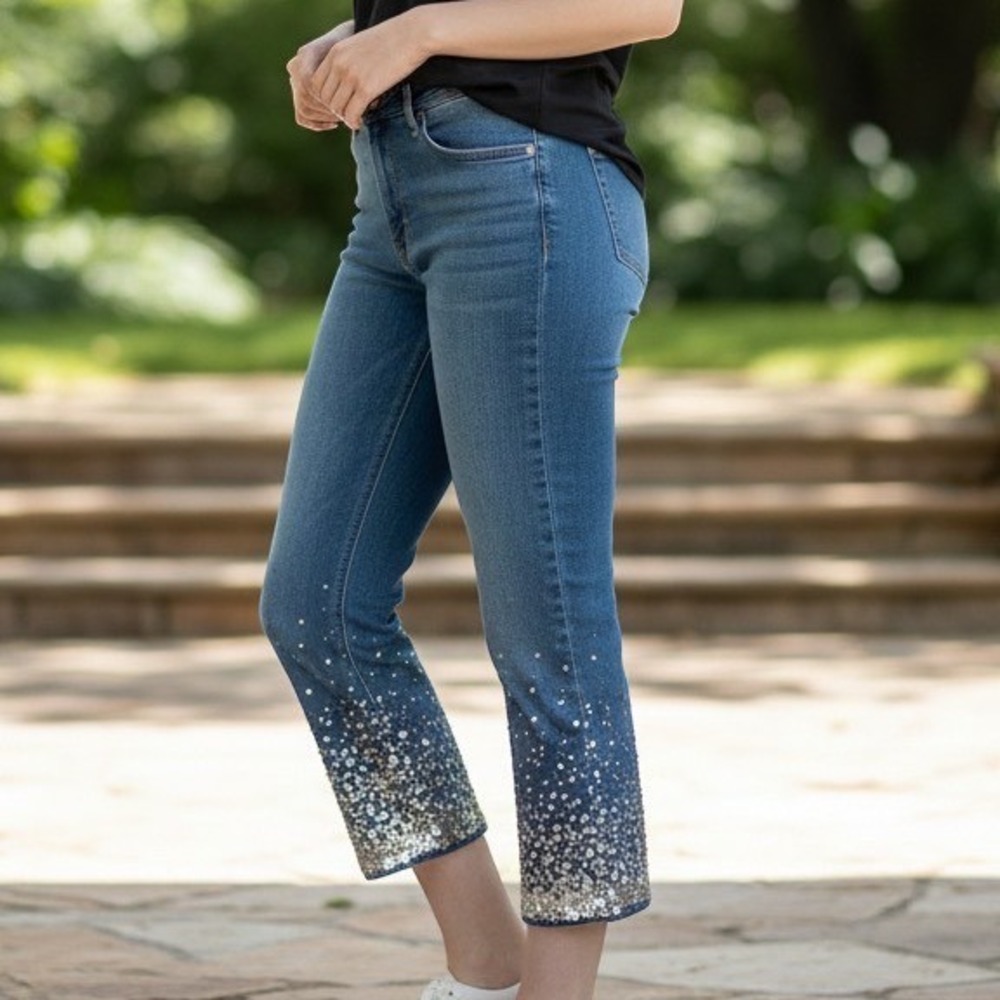 Denim 24/7 Jeans Women 14W Blue NWT Sequin Embellished Cropped Capri Y2K Boho